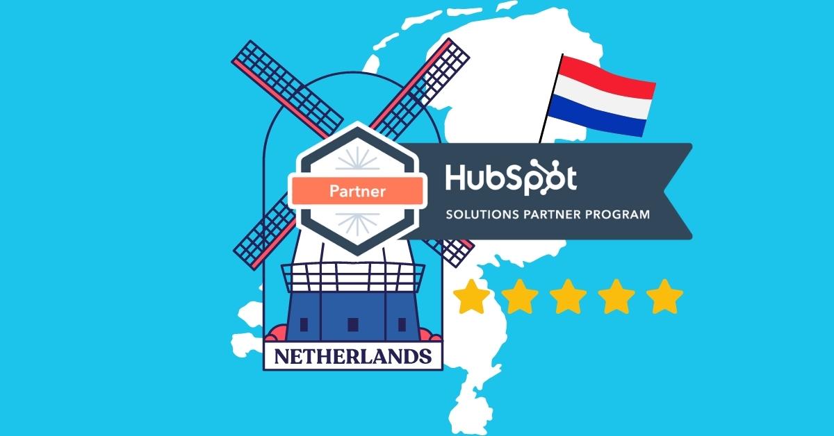 HubSpot Partner Tag mashed up on a Dutch wind mill + Netherlands map, Dutch flag and five stars review symbol