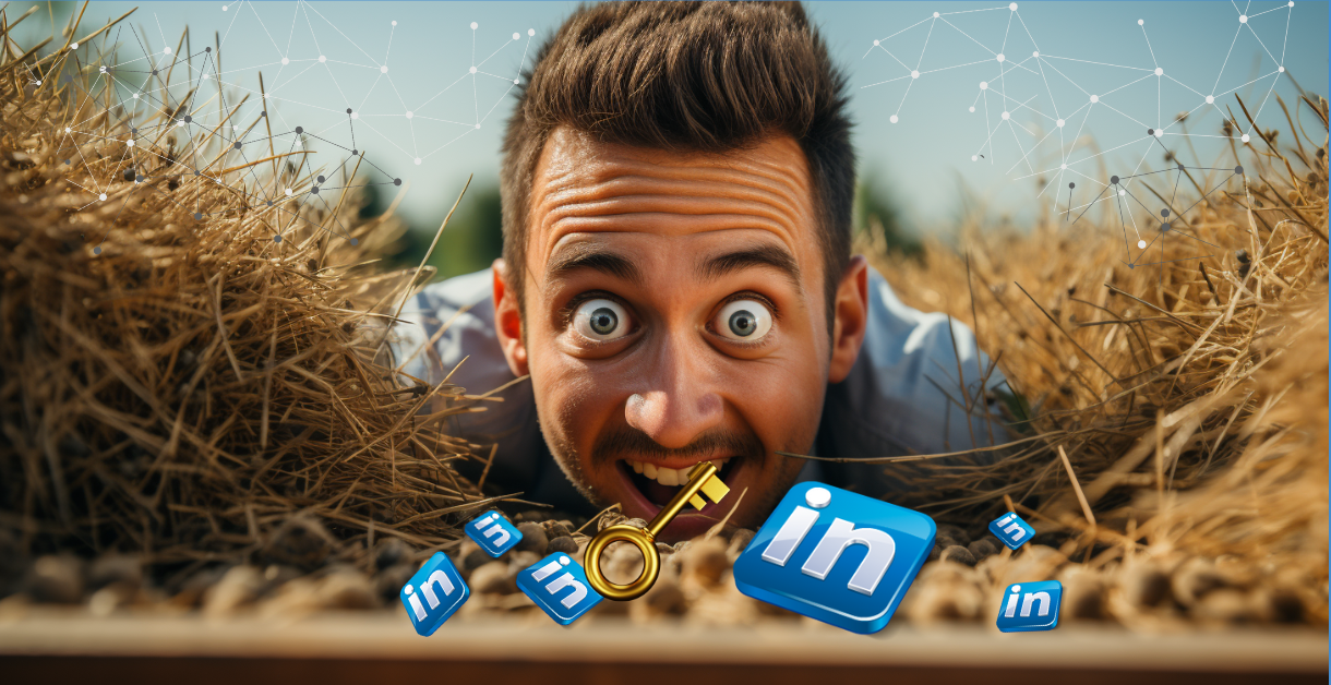 Salesman with bulging eyes find gold key and LinkedIn logos in hay, symbolise Organic Lead Generation. Playful photorealistic algorithm overlay